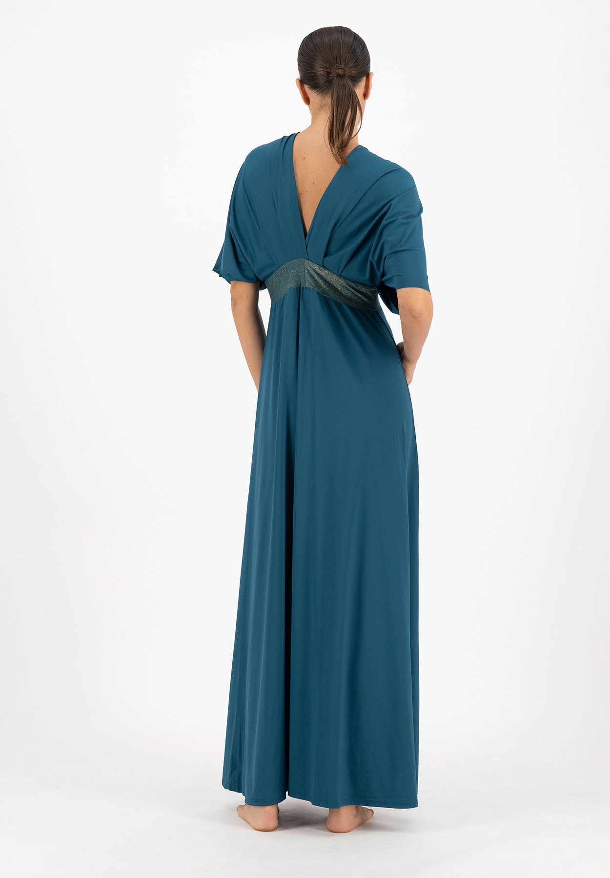 Robe longue empire Rivale vert Adriatico et bande en Lurex